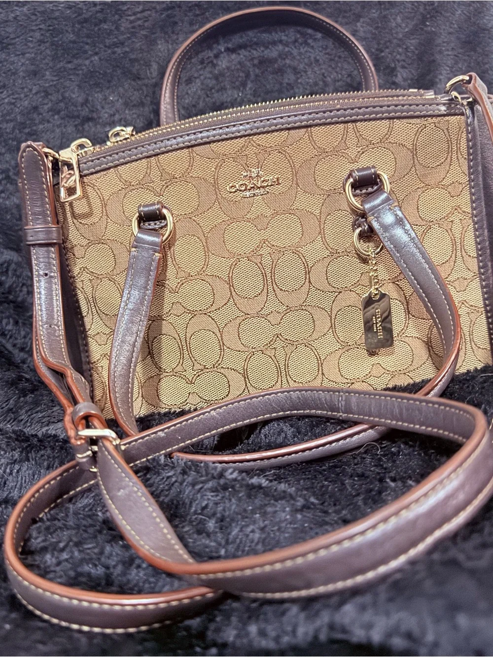 Coach Brown Signature Canvas Satchel with Dark Brown Trim and Gold Hardware